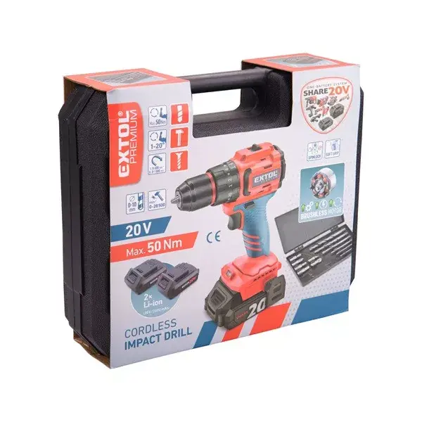 Prémium akkus ütvefúró- és csavarozó, Share20V, 20V, Li-ion, 50Nm, 2db akku, 1db töltő, 2000 mAh, 50Nm