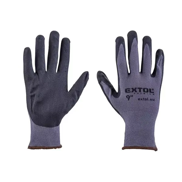 Kötött kesztyű nylon-Spandex, varrat nélküli, méret 9‘ nitrilbe mártott teny. és ujjhegy, gumírozott mandzsetta Olcsó
