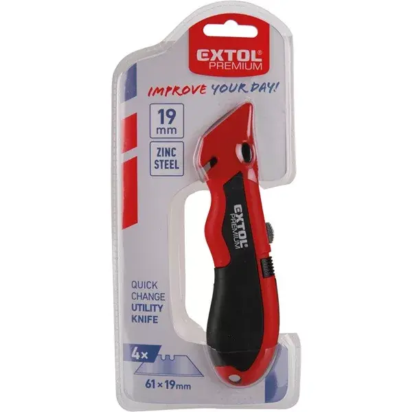 Exkluzív ajánlat PVC vágókés, 5 db trapézpengével, gyorstöltős, pengetárolós, festett ALU ház, gumírozott, zsinórvágó penge 9124,8855099