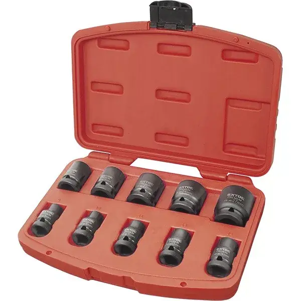 Végkiárusítás gépi (impakt) dugófej klt. 1/2", 10db, 9-27mm × 37 mm ; feketített, műanyag tartóban