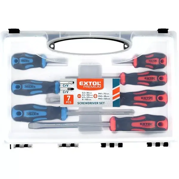Végkiárusítás csavarhúzó klt., 7db; lapos 5,5×38, 5,5×100, 6,5×125mm és 8×150mm, PH1×75, PH2×38 és PH2×125, CV. mágneses, műanyag tar