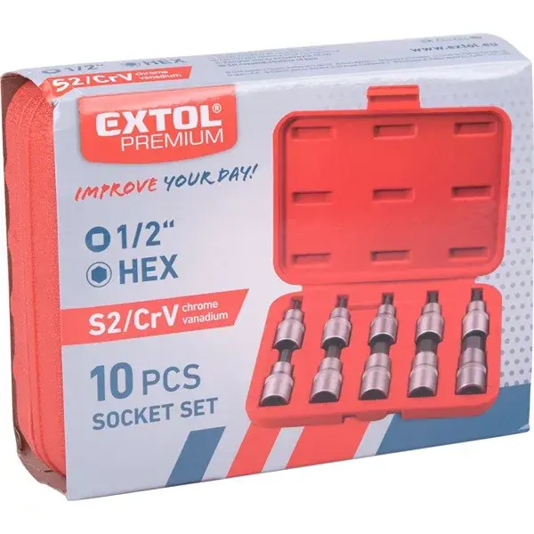 Biztonságos fizetés bitdugófej klt., 10db, imbusz, 1/2"×55mm (HEX 3-4-5-6-7-8-10-12-14-17), CrV/S2