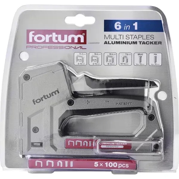 Expressz kézbesítés tűzőgép, ALUházas, profi, 6 funkciós; kapocs 6-14×10,6mm és ×11,3mm, U-kapocs10-14×7,6mm, szegek max.15×2×1,2mm FORTUM