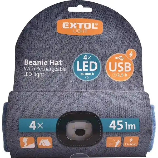 Akciós ár sapka, kék, kötött, kivehető LED homloklámpával, 4×45 Lumen; USB tölthető Li-ion akku, 3 funkció (100%-75%-50% fényerő)
