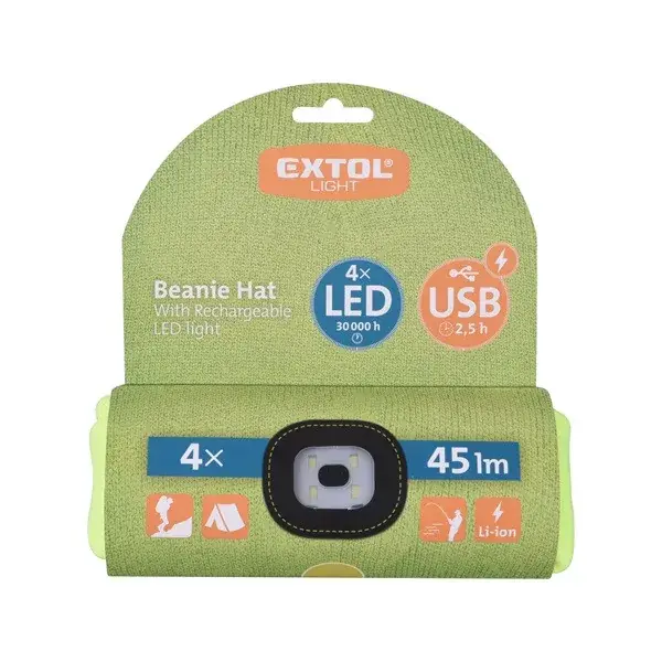 Szuper akció sapka, sárga, kötött, kivehető LED homloklámpával, 4×45 Lumen; USB tölthető Li-ion akku, 3 funkció (100%-75%-50% fénye.)