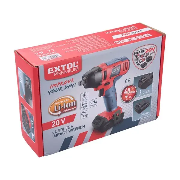 Olcsó akkus ütvecsavarozó, Share20V, 1/2" négyszög, Li-ion; 180 Nm, 1db 20V akku 2000 mAh, 1db töltő,