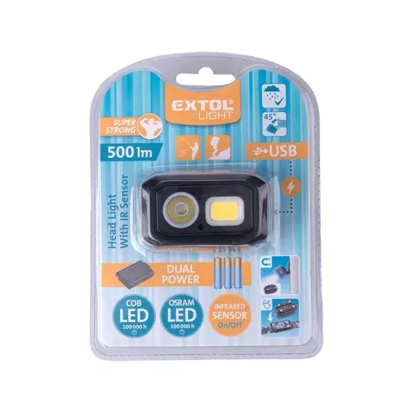 LED fejlámpa, Osram+COB, 500 Lumen; IR szenzor, tölthető akkuval+AAA elemmel is, 4 funkció, cseppálló IPX4 Olcsó