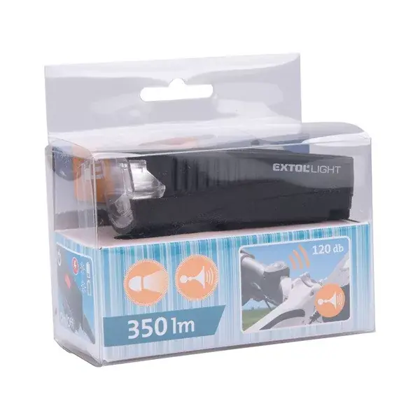 Expressz kézbesítés LED lámpa, kerékpár, első, fehér 5 W LED; 350 Lm, ABS ház, USB újratölthető beépített Li-ion akku, 1,2 Ah, duda